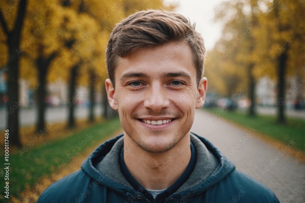 Close portrait of a smiling young Ukrainian man looking at the camera, Ukrainian outdoors blurred background Close portrait of a smiling young Ukrainian man looking at the camera, Ukrainian outdoors blurred background