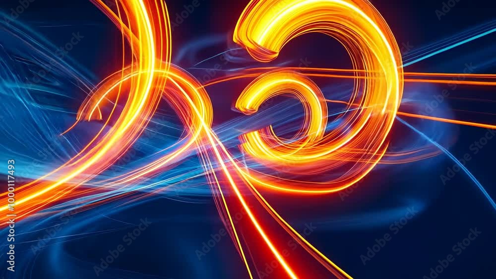 Neon light trails in blue and orange create dynamic abstract patterns ...