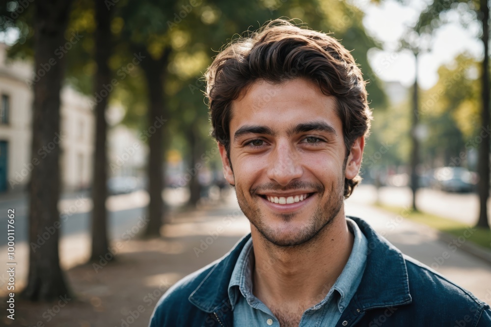 Close portrait of a smiling young Uruguayan man looking at the camera, Uruguayan outdoors blurred background Close portrait of a smiling young Uruguayan man looking at the camera, Uruguayan outdoors blurred background