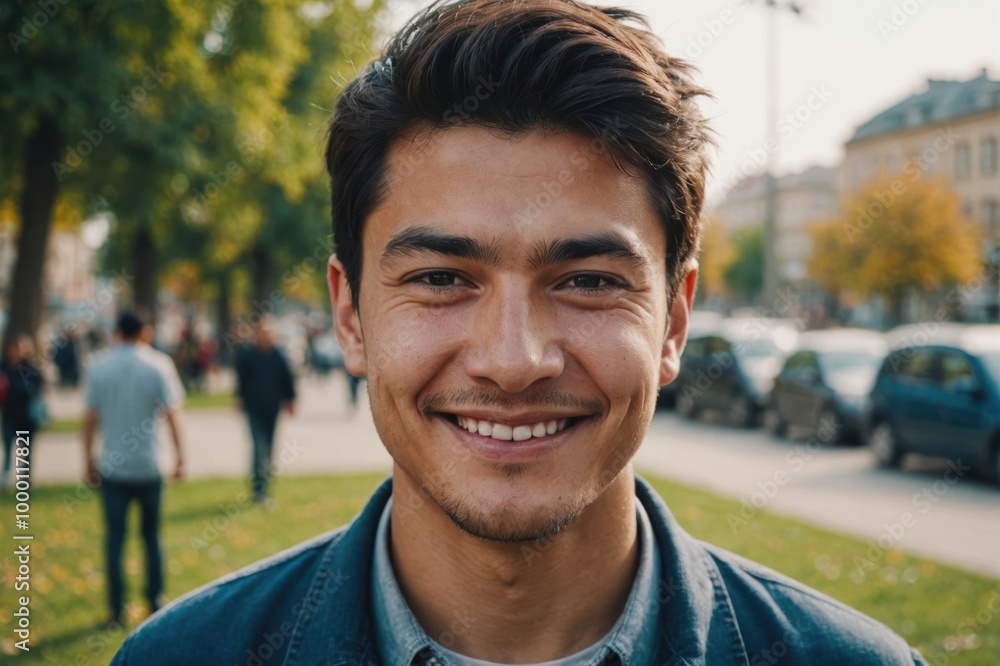 Close portrait of a smiling young Uzbek man looking at the camera, Uzbek outdoors blurred background Close portrait of a smiling young Uzbek man looking at the camera, Uzbek outdoors blurred background