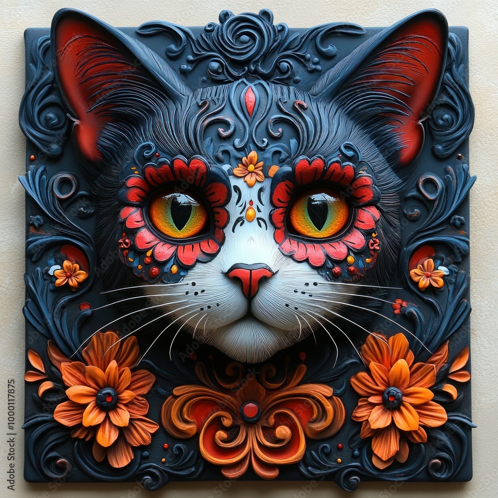 Naklejka premium Sugar Skull Cat Celebrating Dia de Muertos - Day of the Dead Festivities