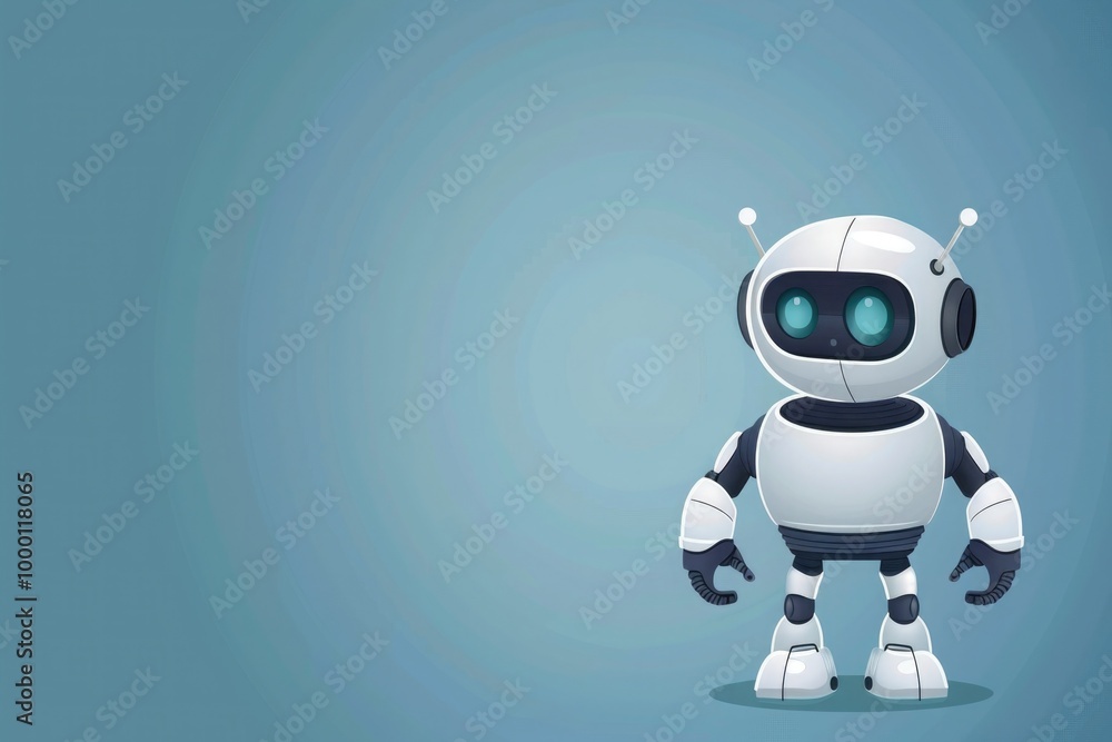 A minimalistic, white robot with glowing blue eyes standing on a clean blue gradient background A minimalistic, white robot with glowing blue eyes standing on a clean blue gradient background