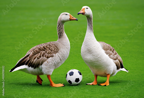 group of white geese plays with balls