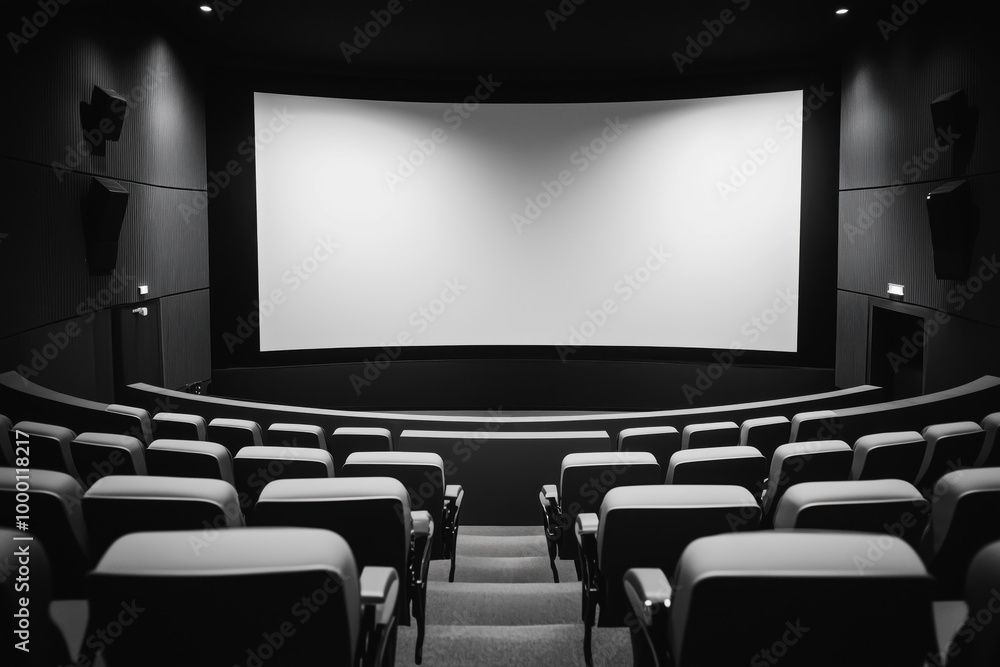 Black and white image of an empty cinema theater with rows of seats facing a large blank screen, creating a dramatic and cinematic atmosphere Black and white image of an empty cinema theater with rows of seats facing a large blank screen, creating a dramatic and cinematic atmosphere