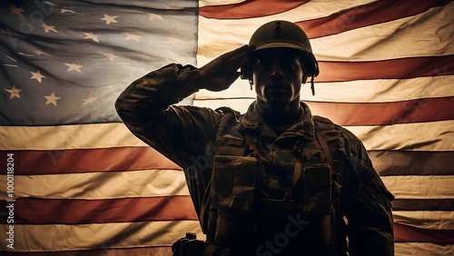 Soldier Salutes in Front of American Flag During Evening Ceremony Honoring Veterans and Military Service