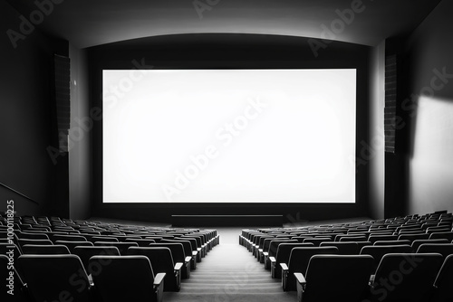 Empty cinema theater with rows of black seats facing a large blank screen. Minimalistic black and white interior. Design for movie poster, presentation, or event photo