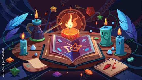 Print Witchs Spellbook with Glowing Runes Background Vector Illustration for Magical and Mystical Design Concepts