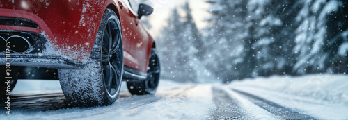 Close-up of a red car driving on a snowy road in a winter forest. Snow-covered tires and falling snowflakes. Winter driving and automotive concept photo