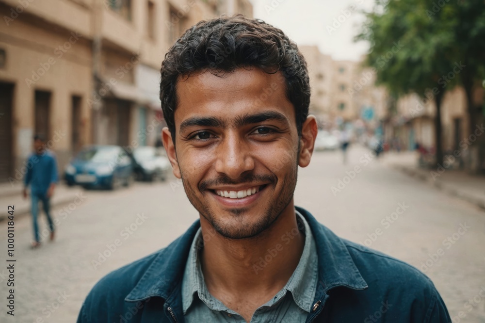 Close portrait of a smiling young Yemeni man looking at the camera, Yemeni outdoors blurred background Close portrait of a smiling young Yemeni man looking at the camera, Yemeni outdoors blurred background