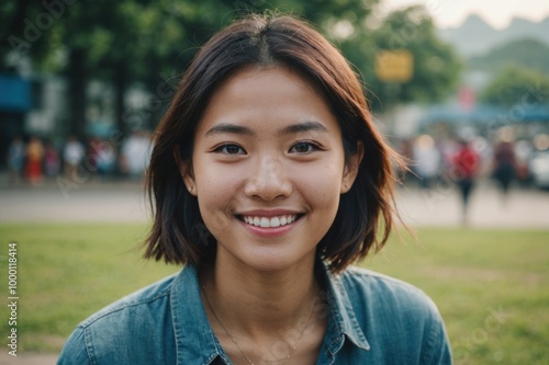 Close portrait of a smiling young Vietnamese woman looking at the camera, Vietnamese outdoors blurred background