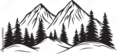 Mountain outline vector with the tree, Mountain range silhouette isolated vector illustration.