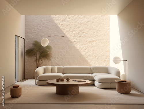 Simple minimalist interior living room with beige walls and abstract assymetric boucle sofa in light color. Abstract statement decor. photo