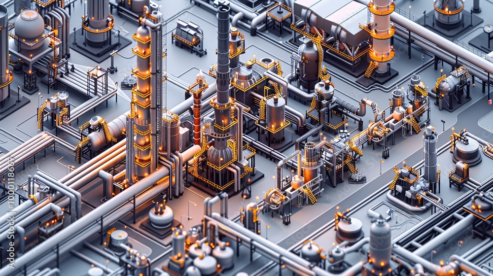 Artistic depiction of refinery processes focusing on hydrotreating and catalytic cracking featuring essential refinery equipment pipelines and storage tanks high resolution Illustration, in the style Artistic depiction of refinery processes focusing on hydrotreating and catalytic cracking featuring essential refinery equipment pipelines and storage tanks high resolution Illustration, in the style