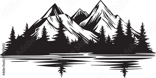 Black silhouette mountains outline vector illustration, 