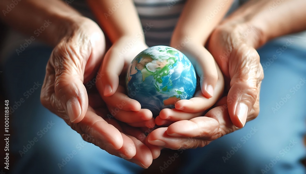 Sustainable development concept - Globe transfer to the younger generation Sustainable development concept - Globe transfer to the younger generation