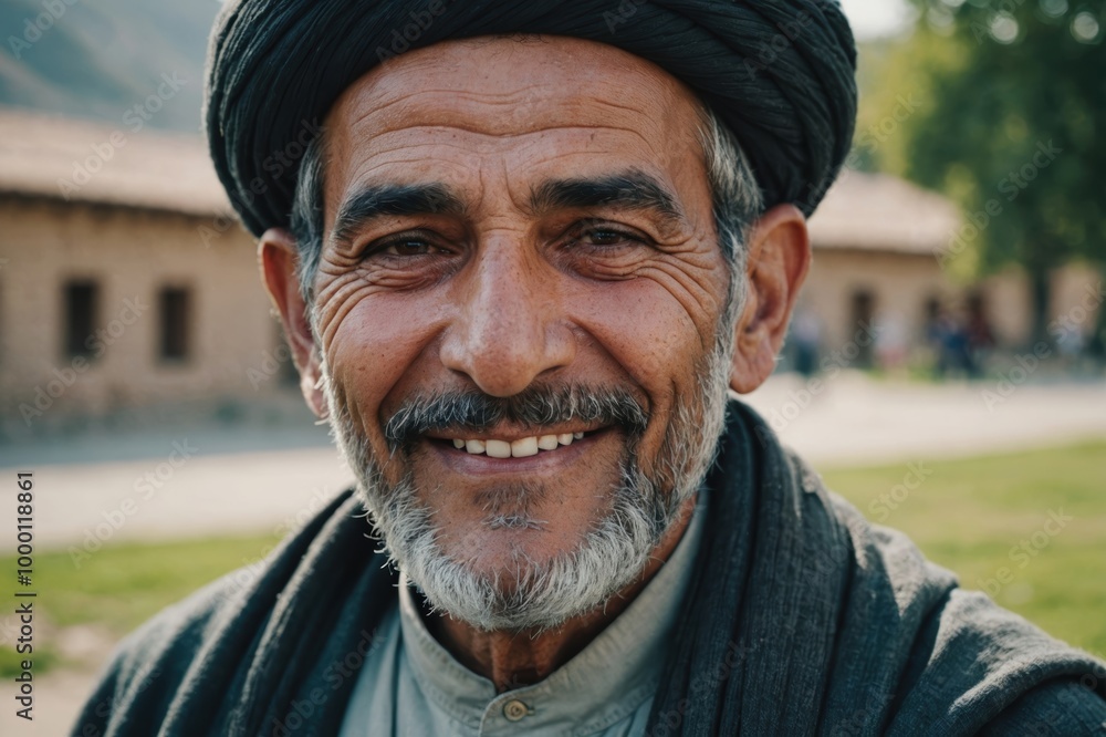 Close portrait of a smiling senior Afghan man looking at the camera, Afghan outdoors blurred background Close portrait of a smiling senior Afghan man looking at the camera, Afghan outdoors blurred background