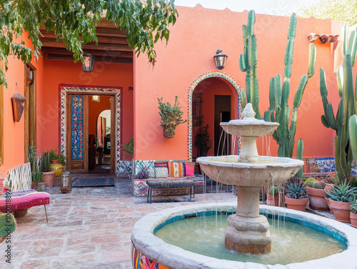 Colorful Mexican Hacienda Courtyard with Fountain