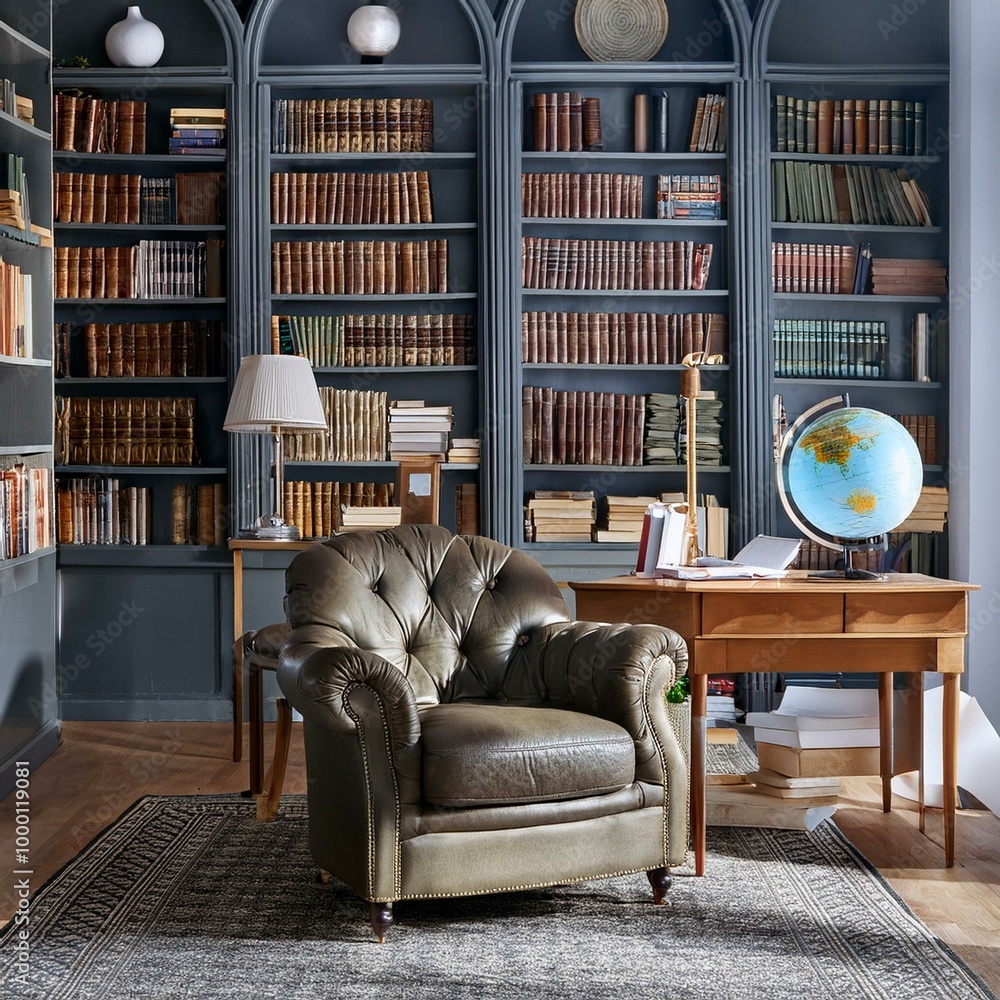bookcase full of books and reading room and armchair bookcase full of books and reading room and armchair
