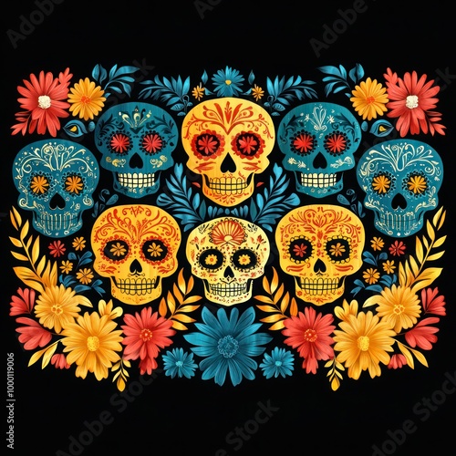 Day of the Dead Fiesta: Colorful Mexico Paper Lace Decorative Papel Picado with Skull for Halloween or Dia de Los Muertos - Flat Vector Illustration on Black Background