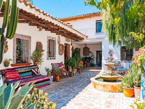 Colorful Mexican Hacienda Courtyard with Fountain