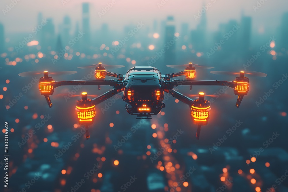 A drone or unmanned aerial vehicle hovers above a busy metropolis in the future, perfect for advertisements, films, business presentations to highlight the cutting-edge and future smart city concept. A drone or unmanned aerial vehicle hovers above a busy metropolis in the future, perfect for advertisements, films, business presentations to highlight the cutting-edge and future smart city concept.