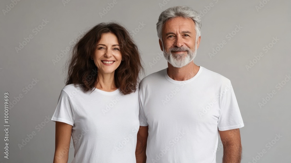 Old mature couple with matching Mockup White t-shirt Mockup , happy lovely man and woman Old mature couple with matching Mockup White t-shirt Mockup , happy lovely man and woman