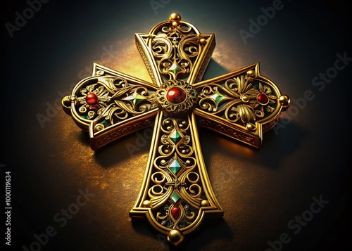 Intricate Gold Crusader Cross on a Dark Background Symbolizing Faith and Historical Significance photo