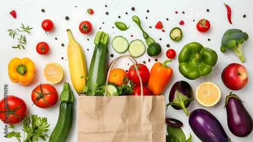 Fototapeta Naklejka Na Ścianę i Meble -  Fresh fruits and vegetables flying out of paper bag on white background.