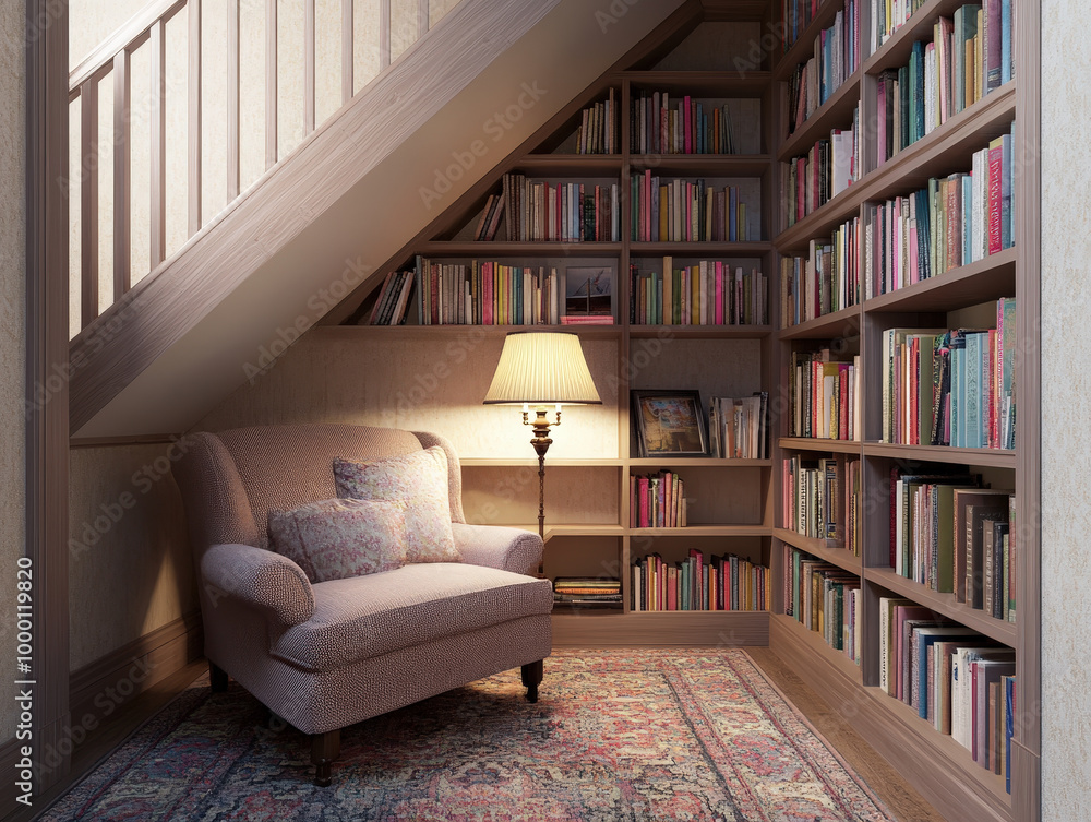 Cozy Reading Nook Under Staircase with Warm Illumination Cozy Reading Nook Under Staircase with Warm Illumination