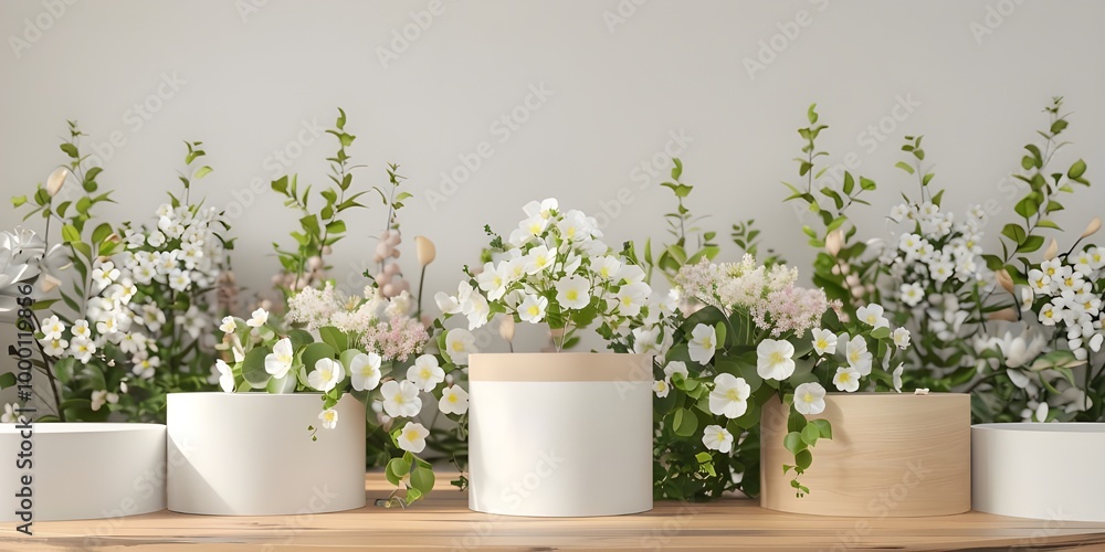 White podium on the colorful flowers and grass
White podium on the colorful flowers and grass