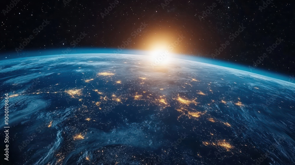 Panoramic view on planet Earth globe from space. Glowing city lights, light clouds. Generative AI Panoramic view on planet Earth globe from space. Glowing city lights, light clouds. Generative AI
