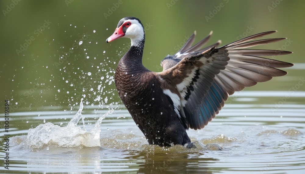 Duck in midflight splashing water vibrant colors Duck in midflight splashing water vibrant colors