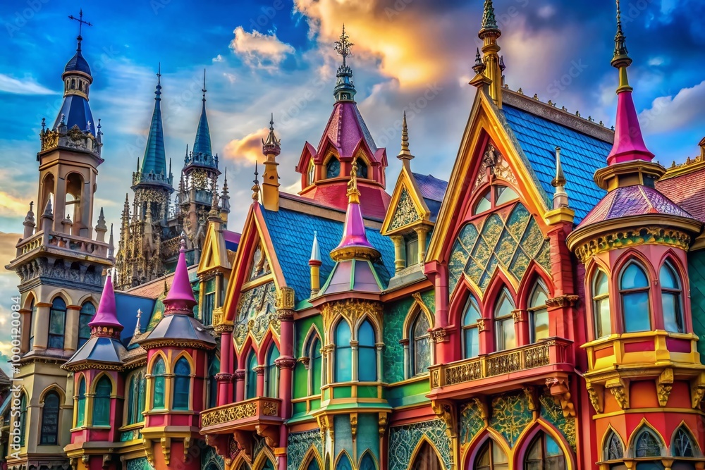 Obraz premium Intricate Gothic Victorian Architecture Featuring Spires, Arches, and Ornate Detailing in Cityscape