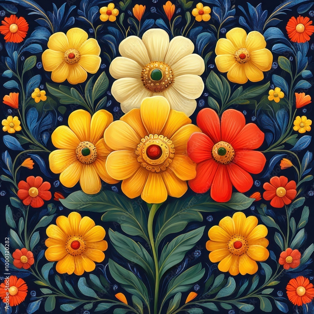Mexican Floral Delight: A Vibrant Pattern with Unique Elements, Perfect for Any Design Project Mexican Floral Delight: A Vibrant Pattern with Unique Elements, Perfect for Any Design Project