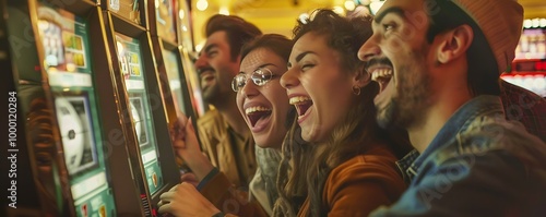 Wallpaper Mural A lively group of friends joyfully enjoying slot machines at a casino, capturing moments of excitement and camaraderie. Torontodigital.ca
