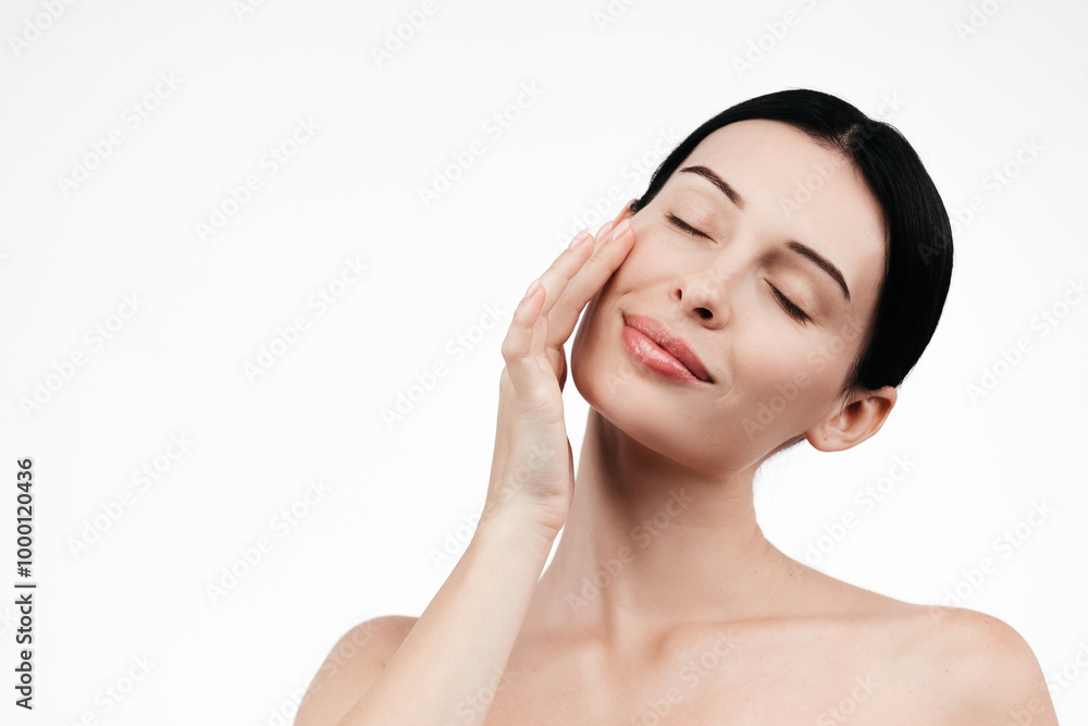 Studio, shine and joy of woman, beauty and treatment of skincare, soft and glow of body in results. White background, aesthetic and proud for skin, dermatology and cosmetics for person. No makeup Studio, shine and joy of woman, beauty and treatment of skincare, soft and glow of body in results. White background, aesthetic and proud for skin, dermatology and cosmetics for person. No makeup