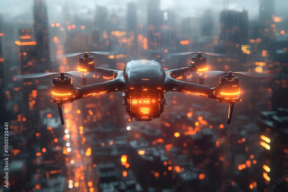 A drone or unmanned aerial vehicle hovers above a busy metropolis in the future, perfect for advertisements, films, business presentations to highlight the cutting-edge and future smart city concept. A drone or unmanned aerial vehicle hovers above a busy metropolis in the future, perfect for advertisements, films, business presentations to highlight the cutting-edge and future smart city concept.