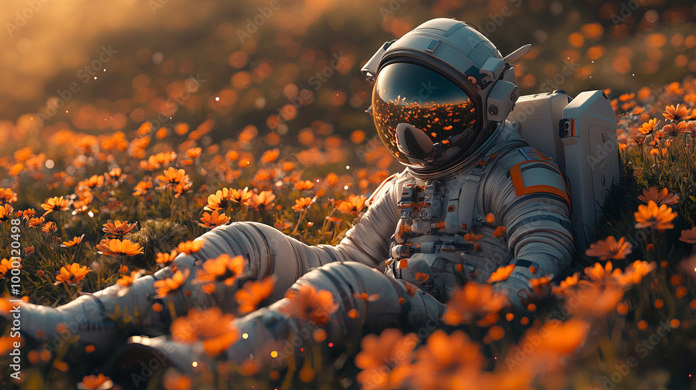 Beautiful astronaut sitting in in a field of flowers on a different planet. Beautiful astronaut sitting in in a field of flowers on a different planet.