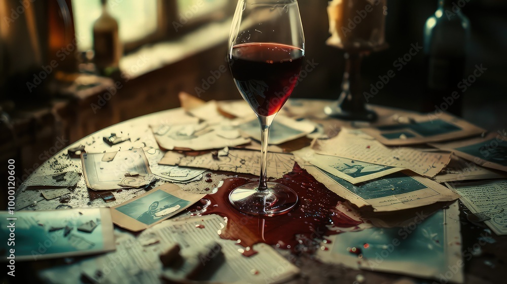 Fototapeta premium A glass of wine spilled on an old table, the stain spreading through letters and photographs scattered around, telling a story of grief and nostalgia.