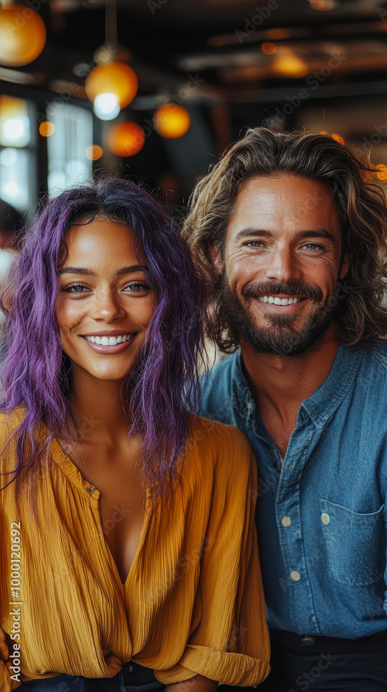 Young Multicultural Friends Chatting on Couch, Purple Hair and Long Hair, Bright Indoor Cafe, Relaxed Mood, Interracial Friendship Concept Young Multicultural Friends Chatting on Couch, Purple Hair and Long Hair, Bright Indoor Cafe, Relaxed Mood, Interracial Friendship Concept