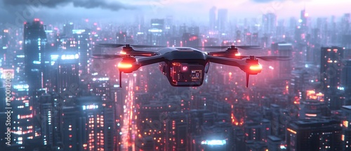 A drone or unmanned aerial vehicle hovers above a busy metropolis in the future, perfect for advertisements, films, business presentations to highlight the cutting-edge and future smart city concept. photo