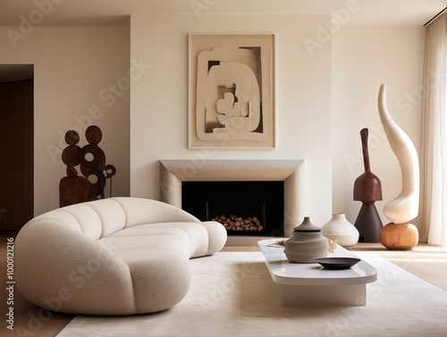 Simple minimalist interior living room with beige walls and abstract assymetric boucle sofa in light color. Abstract statement decor. photo