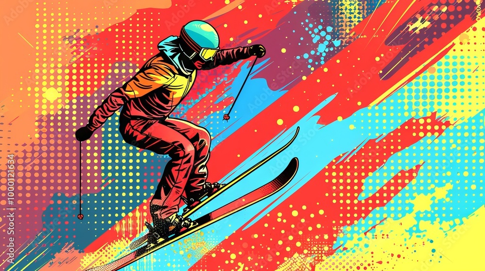 Naklejka premium A vibrant Pop Art illustration of a skier performing an exhilarating downhill maneuver in a dynamic, colorful background. Concept of winter sports, adventurous skiing, energetic