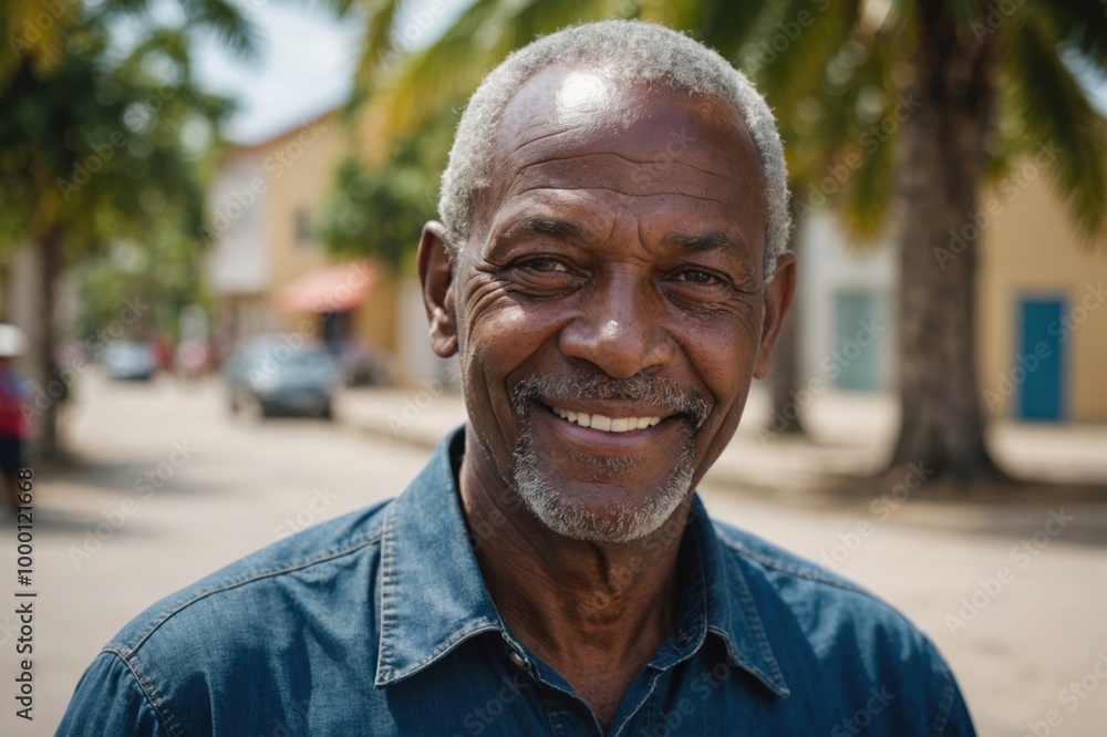 Close portrait of a smiling senior Barbadian man looking at the camera, Barbadian outdoors blurred background Close portrait of a smiling senior Barbadian man looking at the camera, Barbadian outdoors blurred background