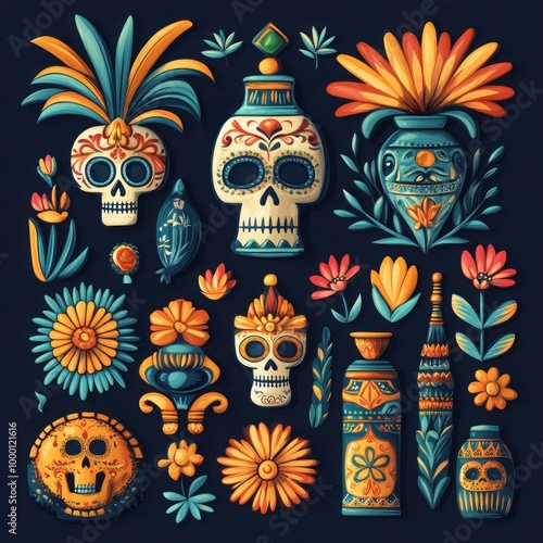 Colorful Mexican Icons and Illustrations Vector Collection for Cinco de Mayo and Day of the Dead Festivities