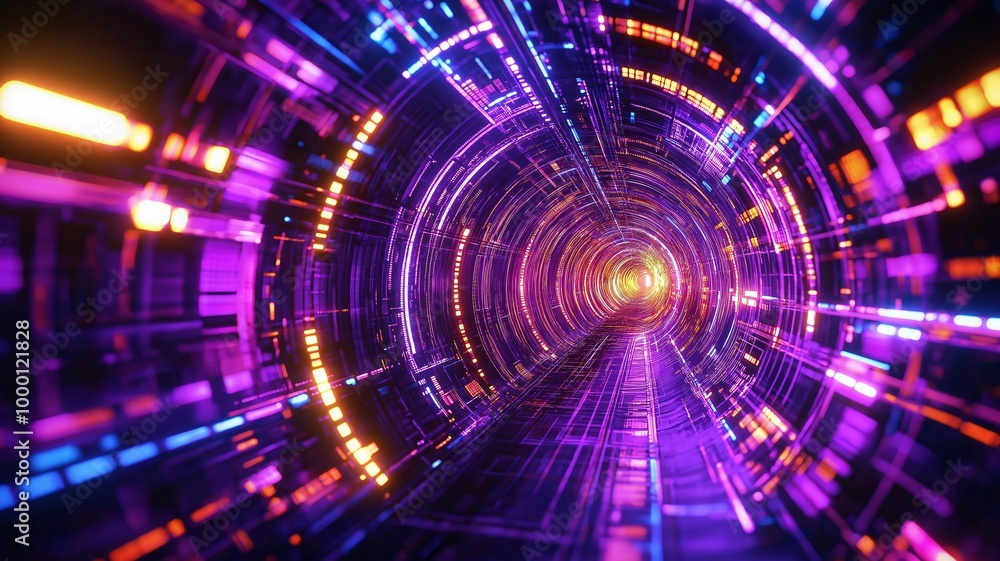 Abstract futuristic tunnel with vibrant neon lights in motion, representing technology and digital data flow, mesmerizing and colorful. Abstract futuristic tunnel with vibrant neon lights in motion, representing technology and digital data flow, mesmerizing and colorful.