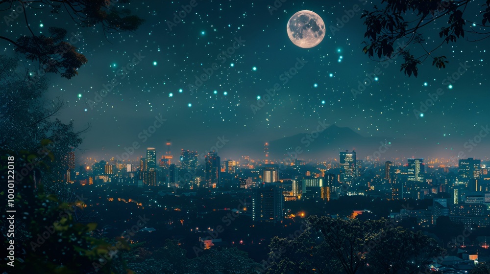 Naklejka premium Full Moon Over a Starry City Skyline, City Lights Beneath a Star-Filled Night Sky