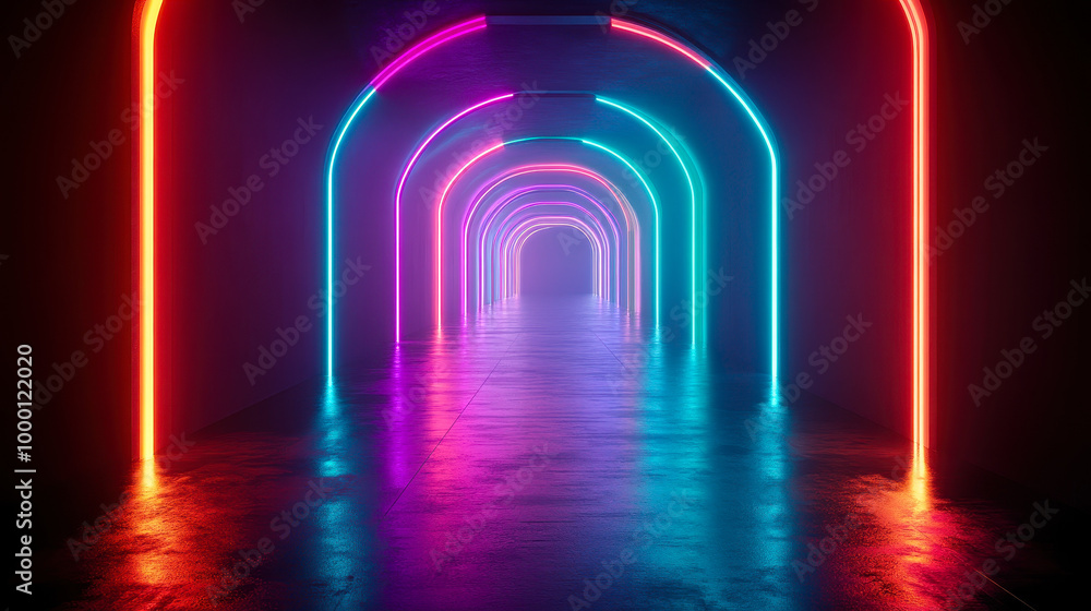 Futuristic Neon Lit Tunnel with Vibrant Colors, Abstract and Technological, Glowing Arches and Reflections, Ideal for Sci-Fi Settings, Nightlife Concepts, and Modern Design Inspirations Futuristic Neon Lit Tunnel with Vibrant Colors, Abstract and Technological, Glowing Arches and Reflections, Ideal for Sci-Fi Settings, Nightlife Concepts, and Modern Design Inspirations