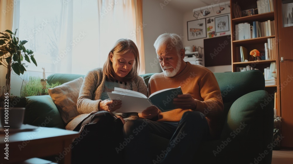 Senior couple checking and calculate financial billing together on sofa. Mature couple discussing their monthly expenses at home. Elderly couple keeping an eye on their finances. Senior couple checking and calculate financial billing together on sofa. Mature couple discussing their monthly expenses at home. Elderly couple keeping an eye on their finances.