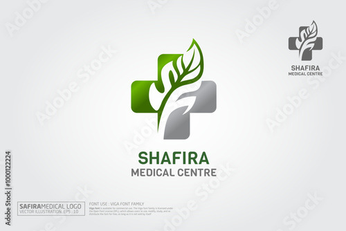 Shafira Medical Centre Vector Logo Template. Cross and leaf symbol vector design logo. This Logo template is suitable for Beauty salon, Yoga, Wellness and Spa resort companies.